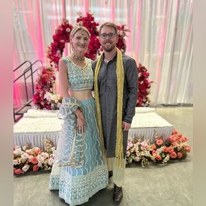 Embroidered Net Lehenga in Dusty Blue